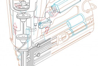 Technical illustration line drawing cut-a-way of nail gun created in Adobe Illustrator.