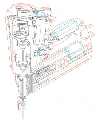 Technical illustration line drawing cut-a-way of nail gun created in Adobe Illustrator.